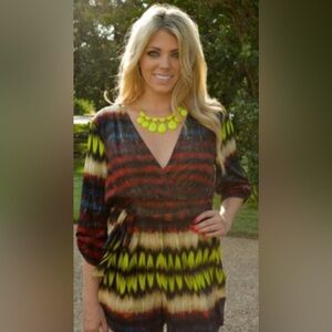 Presley Skye Multi-Color V-Neck Tunic with Neon Yellow Accents